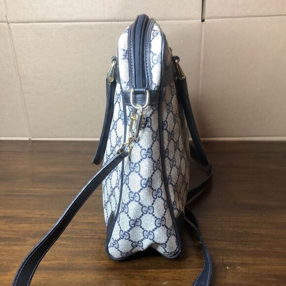 GUCCI GG Supreme Navy Leather Ophidia Sherry Line Coated Canvas Travel Work Bag - Picture 6 of 17